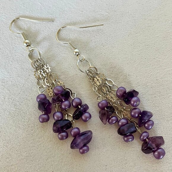 Purple Beaded Earrings Silvertone Metal Chain Handcrafted Unique Dangle New Gift - Picture 1 of 7